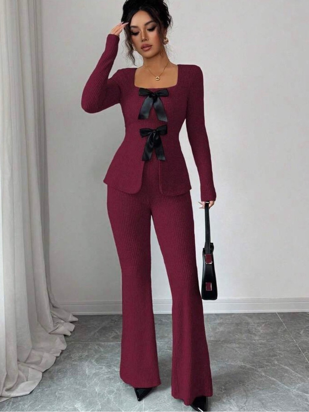 Burgundy 2 Piece Ribbed Bow Lounge Set